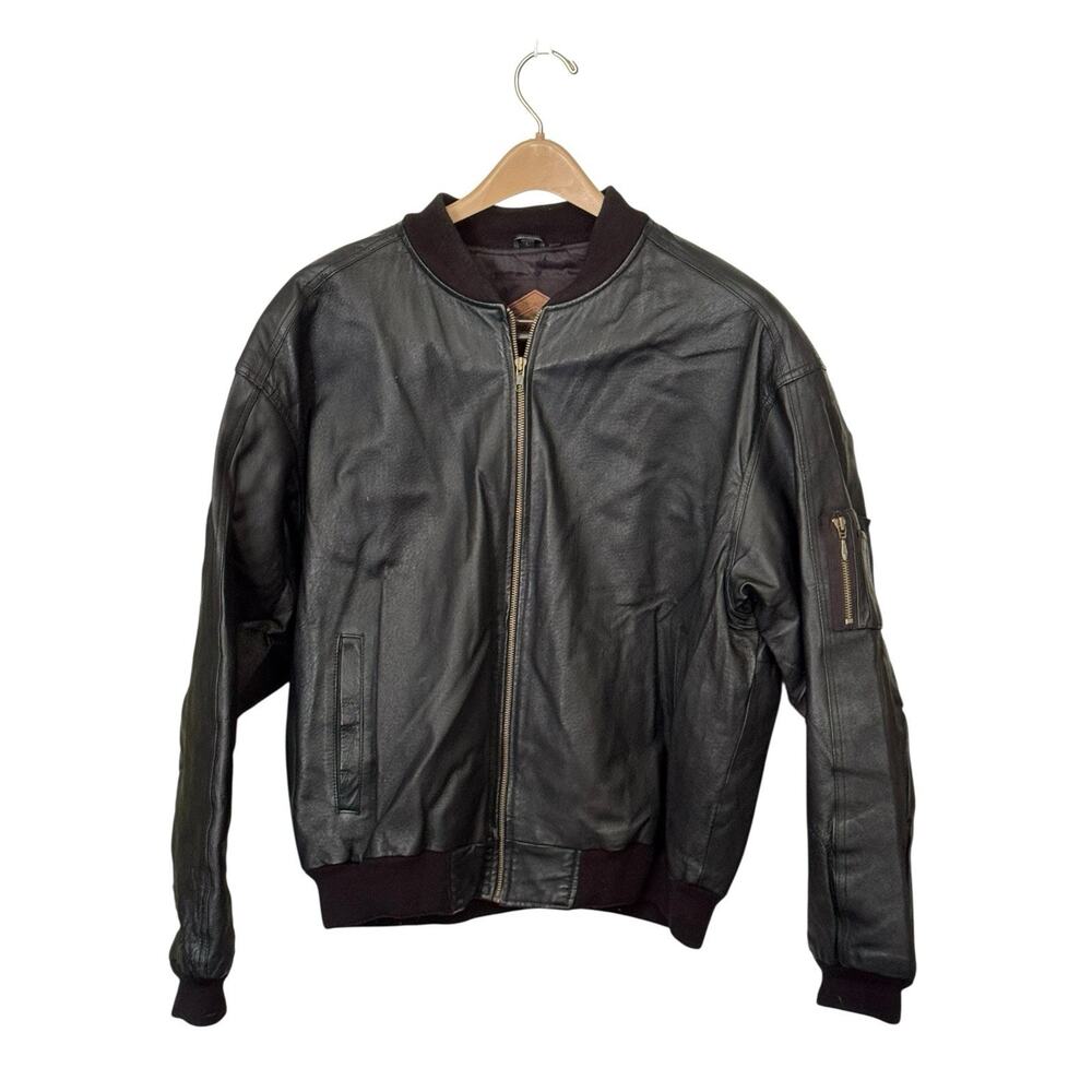 VTG Weekends Men's Black Leather Bomber Jacket Large Pockets Biker Retro READ